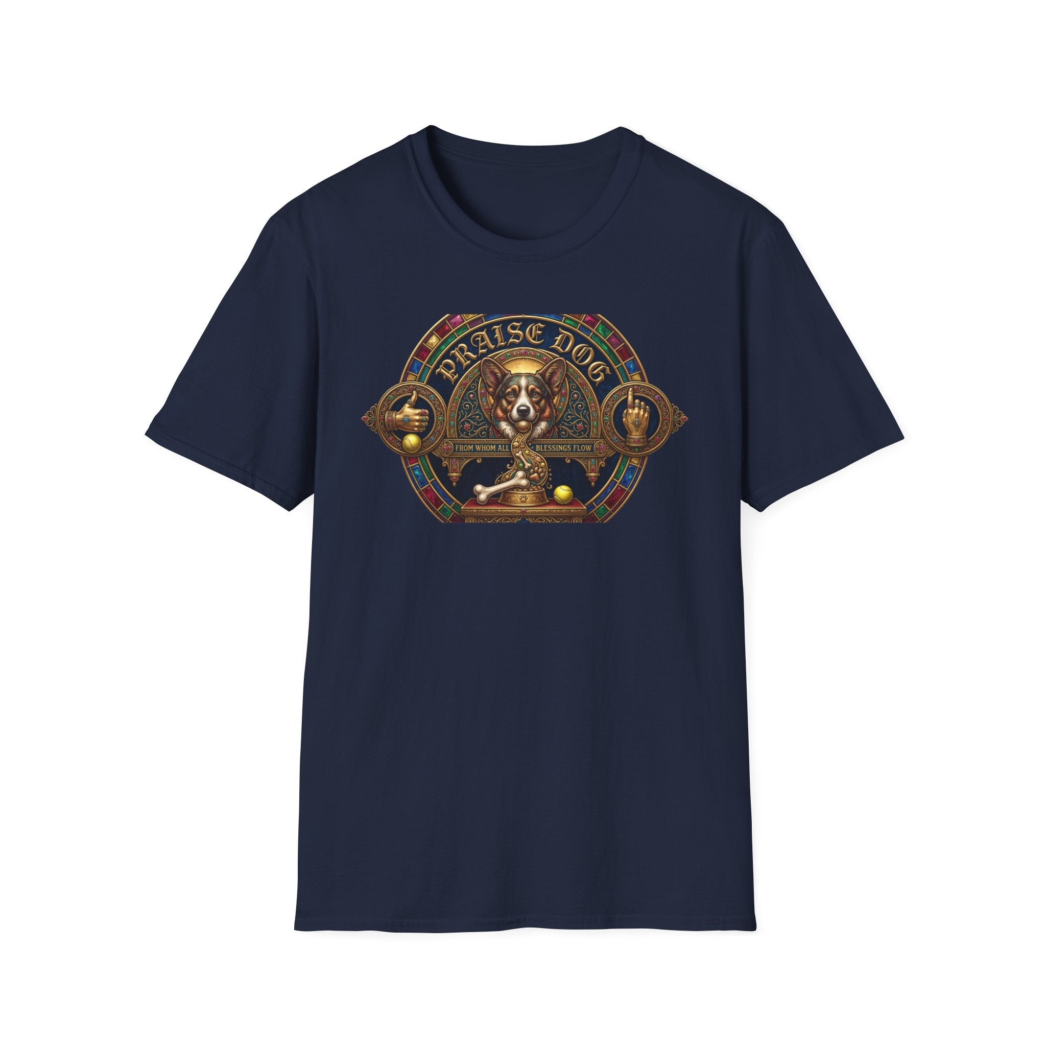 Praise Dog From Whom All Blessings Flow Corgi T-Shirt flat lay in navy blue, featuring an ornate medieval stained-glass style graphic of a regal corgi seated in a jewel-encrusted octagonal frame with gold gothic lettering and dog bone and tennis ball accents.