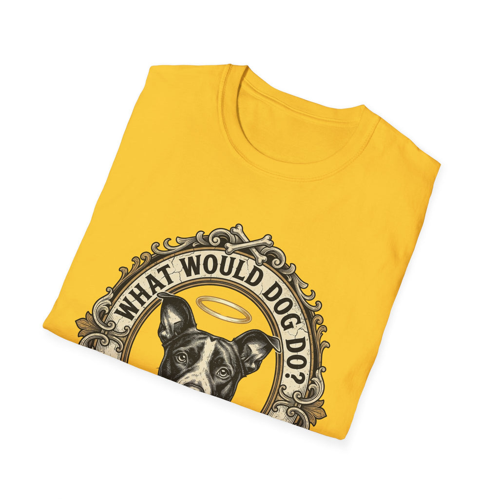 What Would Dog Do T-Shirt folded flat lay on yellow shirt showing the halo-wearing pit bull and What Would Dog Do? ornate frame design.