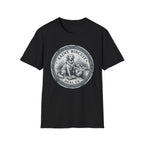 Saint Biscuit Heal Us T-shirt flat lay in black, featuring a vintage-style medallion graphic of a golden retriever dog watching over a reclining figure with the text 'Saint Biscuit Heal Us'.