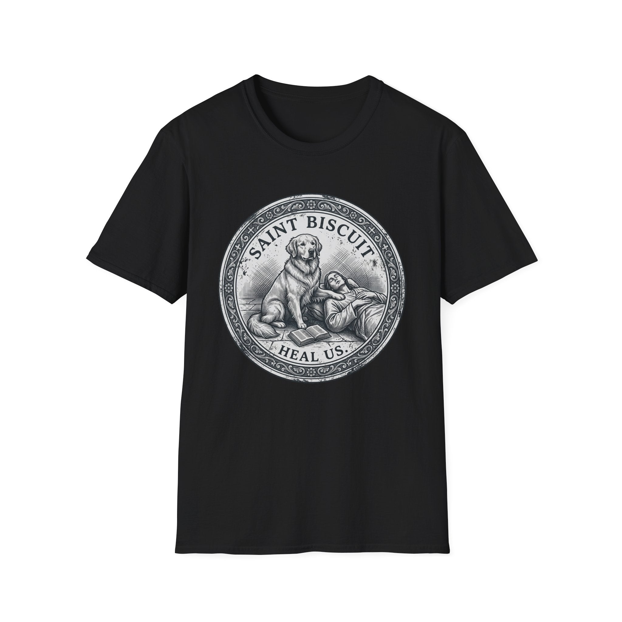 Saint Biscuit Heal Us T-shirt flat lay in black, featuring a vintage-style medallion graphic of a golden retriever dog watching over a reclining figure with the text 'Saint Biscuit Heal Us'.