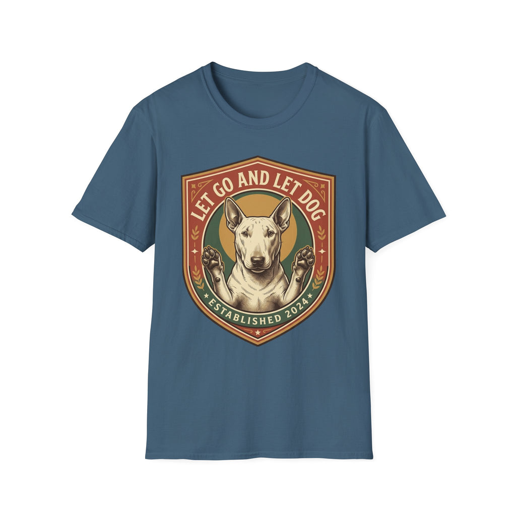 Let Go Let Dog Bull Terrier T-Shirt in indigo blue, flat lay, featuring a vintage shield badge with a white bull terrier raising both paws and the text 'Let Go and Let Dog, Established 2024'.