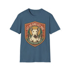 Let Go Let Dog Bull Terrier T-Shirt in indigo blue, flat lay, featuring a vintage shield badge with a white bull terrier raising both paws and the text 'Let Go and Let Dog, Established 2024'.