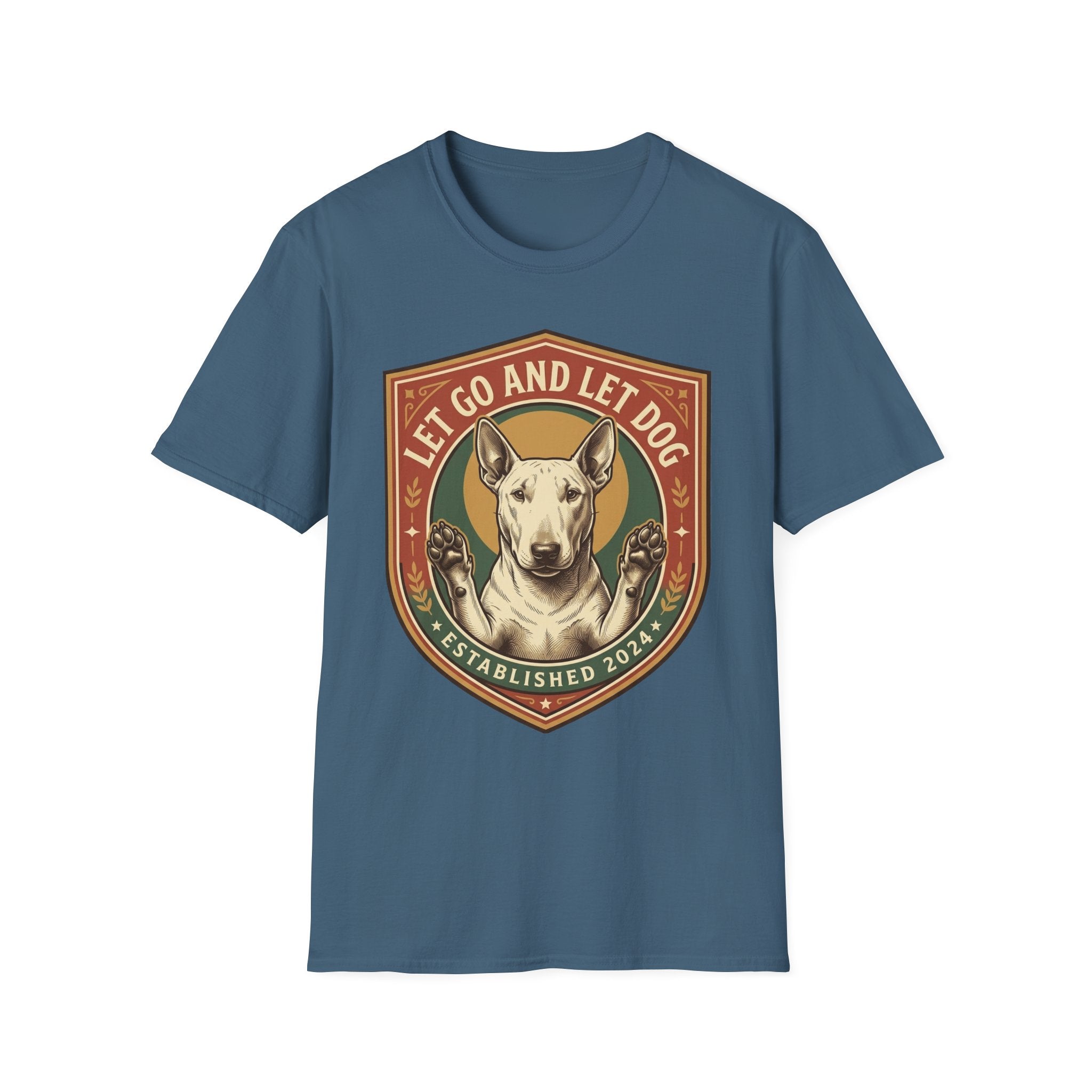 Let Go Let Dog Bull Terrier T-Shirt in indigo blue, flat lay, featuring a vintage shield badge with a white bull terrier raising both paws and the text 'Let Go and Let Dog, Established 2024'.