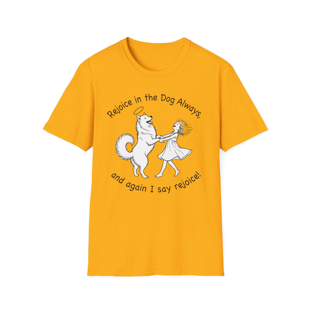 Rejoice in the Dog Samoyed T-Shirt in gold, flat lay mockup showing a fluffy white Samoyed with a halo dancing with a woman, line-art illustration with the text 'Rejoice in the Dog Always, and again I say rejoice!'