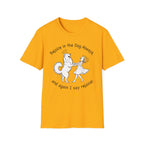 Rejoice in the Dog Samoyed T-Shirt in gold, flat lay mockup showing a fluffy white Samoyed with a halo dancing with a woman, line-art illustration with the text 'Rejoice in the Dog Always, and again I say rejoice!'