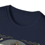 For the Love of Dog Great Dane T-Shirt close-up detail of the collar and top of the graphic on a navy blue shirt showing the ornate thorn border and bone decorations.