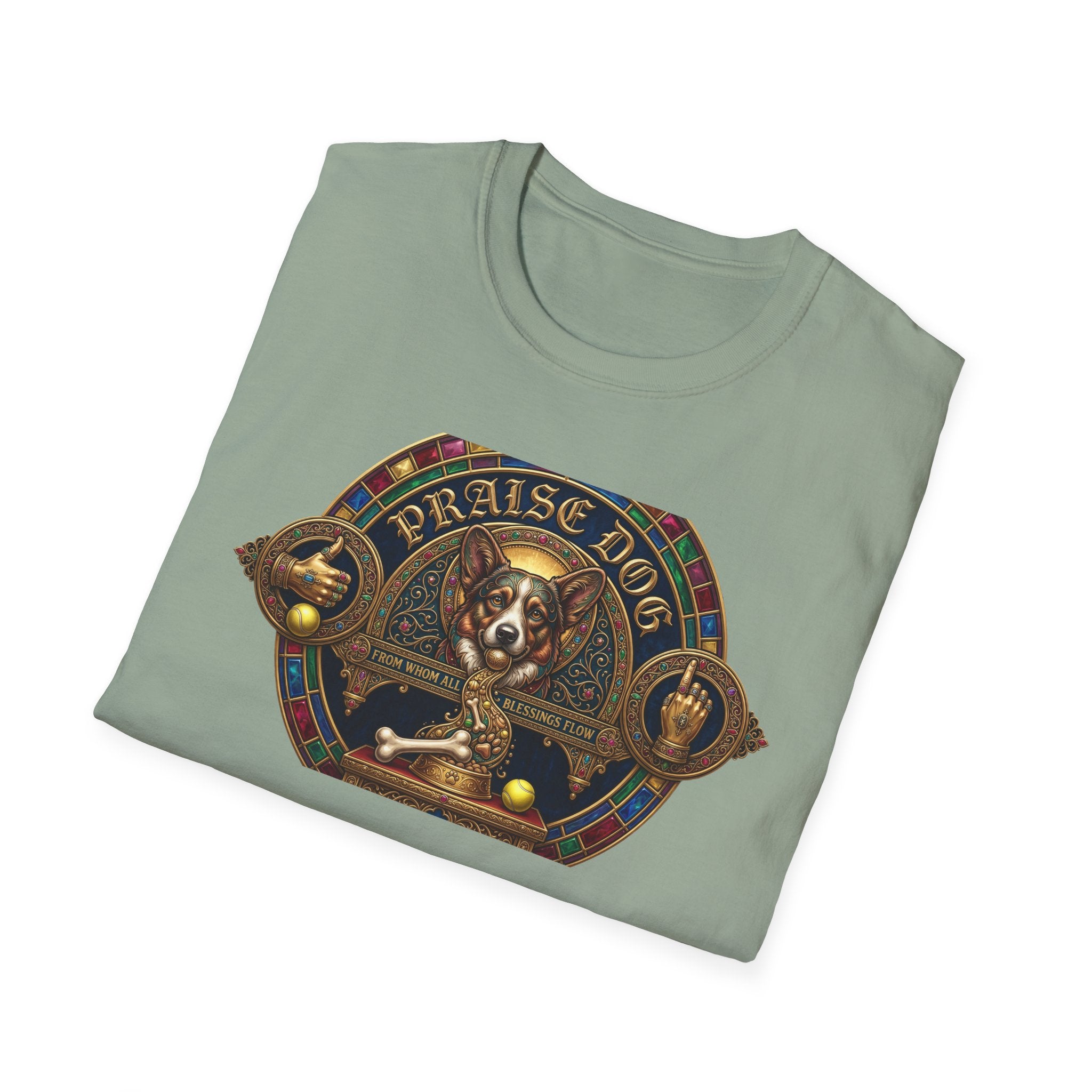 Praise Dog From Whom All Blessings Flow Corgi T-Shirt folded view in sage green, showing the ornate stained-glass style corgi graphic with gold gothic lettering and jeweled frame.