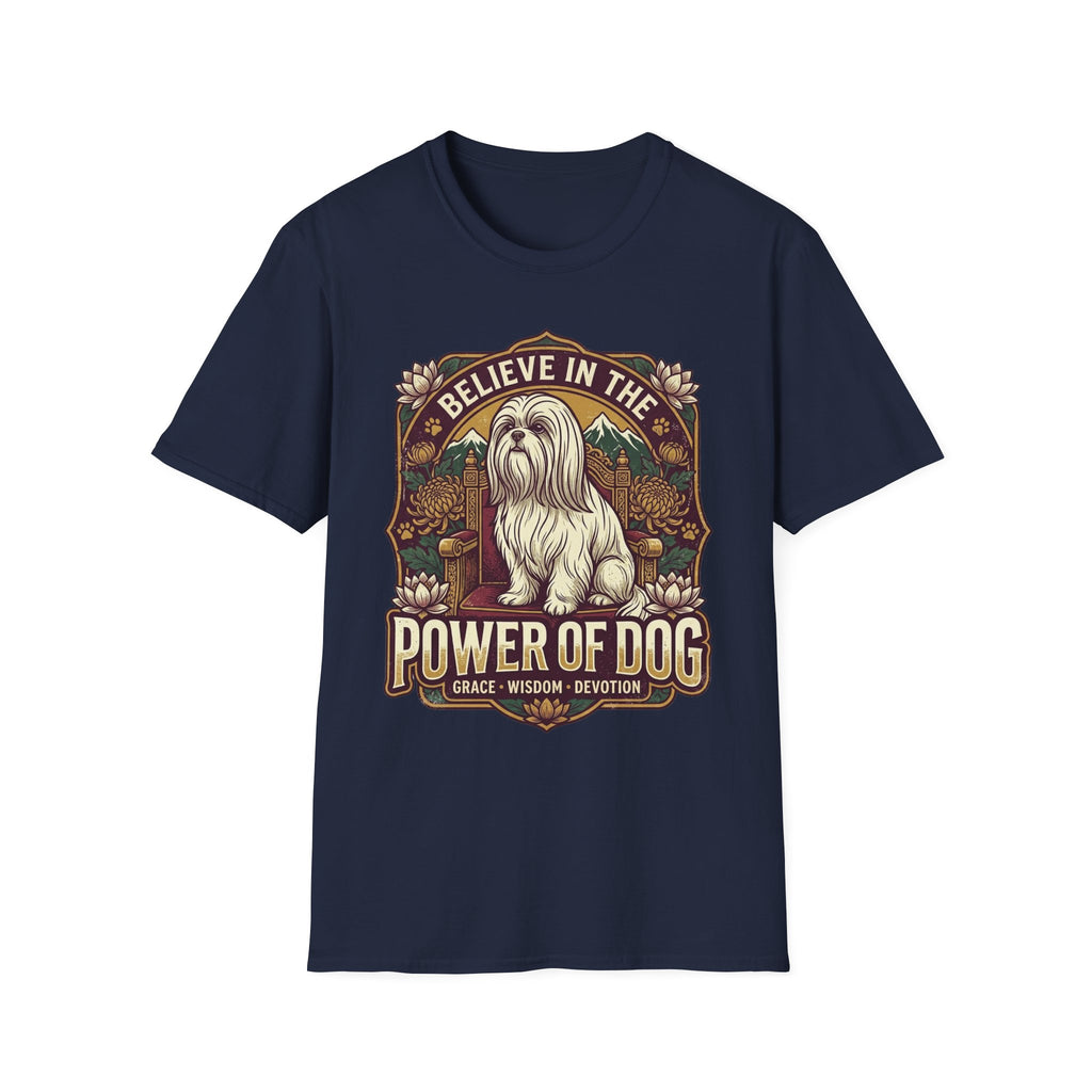 Believe in the Power of Dog Shih Tzu Throne T-Shirt in navy blue, flat lay, featuring a vintage badge graphic of a fluffy white Shih Tzu seated regally on a throne surrounded by lotus flowers and mountains, with text reading Believe in the Power of Dog and Grace, Wisdom, Devotion.