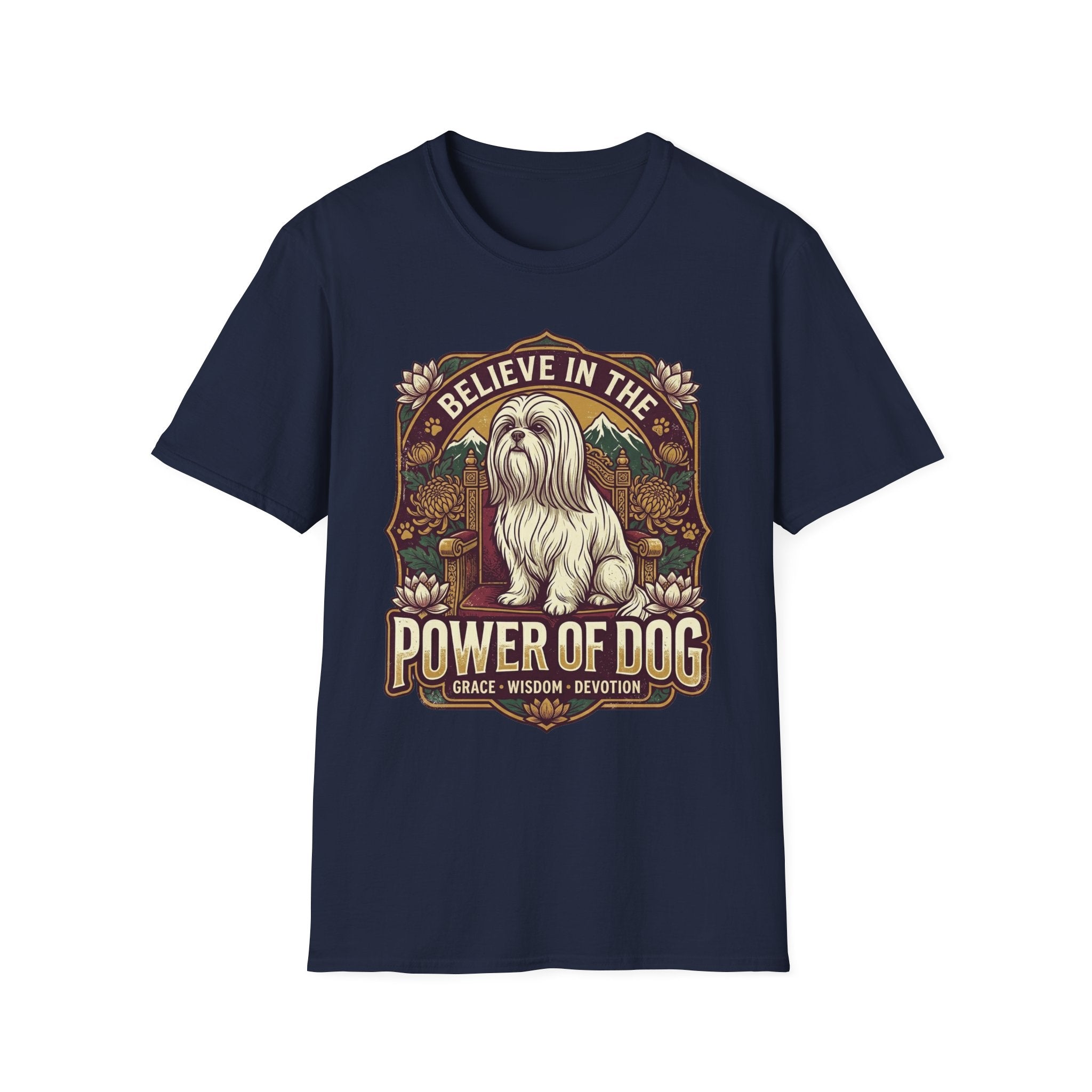 Believe in the Power of Dog Shih Tzu Throne T-Shirt in navy blue, flat lay, featuring a vintage badge graphic of a fluffy white Shih Tzu seated regally on a throne surrounded by lotus flowers and mountains, with text reading Believe in the Power of Dog and Grace, Wisdom, Devotion.