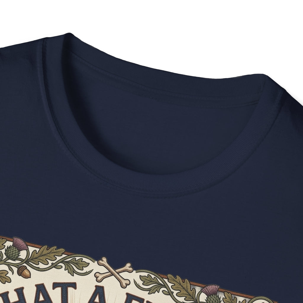 What a Friend We Have in Dog T-Shirt close-up detail shot on a navy blue shirt, showing the vintage botanical border with crossbones and floral motifs at the neckline.