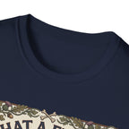 What a Friend We Have in Dog T-Shirt close-up detail shot on a navy blue shirt, showing the vintage botanical border with crossbones and floral motifs at the neckline.