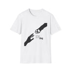 Let Go Let Dog Paw T-Shirt, flat lay on white tee featuring a bold silhouette graphic of a human hand reaching toward a dog paw with the text Let go and let Dog.