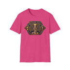 Praise Dog From Whom All Blessings Flow Corgi T-Shirt flat lay in hot pink, featuring an ornate medieval stained-glass style graphic of a regal corgi seated in a jewel-encrusted octagonal frame with gold gothic lettering and dog bone and tennis ball accents.