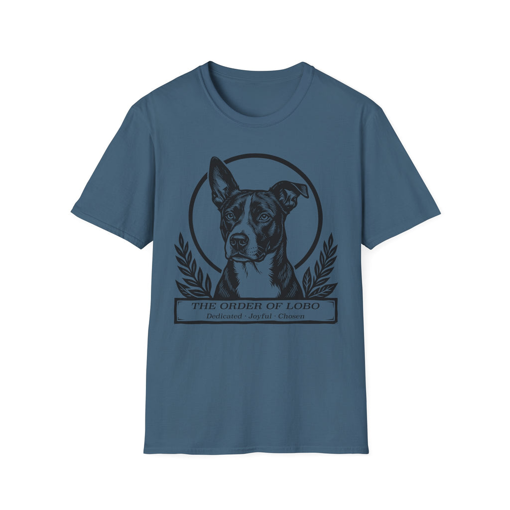 Holy Orders | Lobo T-Shirt flat lay on white shirt featuring a stained glass style illustration of Lobo, a black-coated dog with a white blaze and large upright ears, depicted as a holy figure with a golden halo and the text 'Holy Orders.'