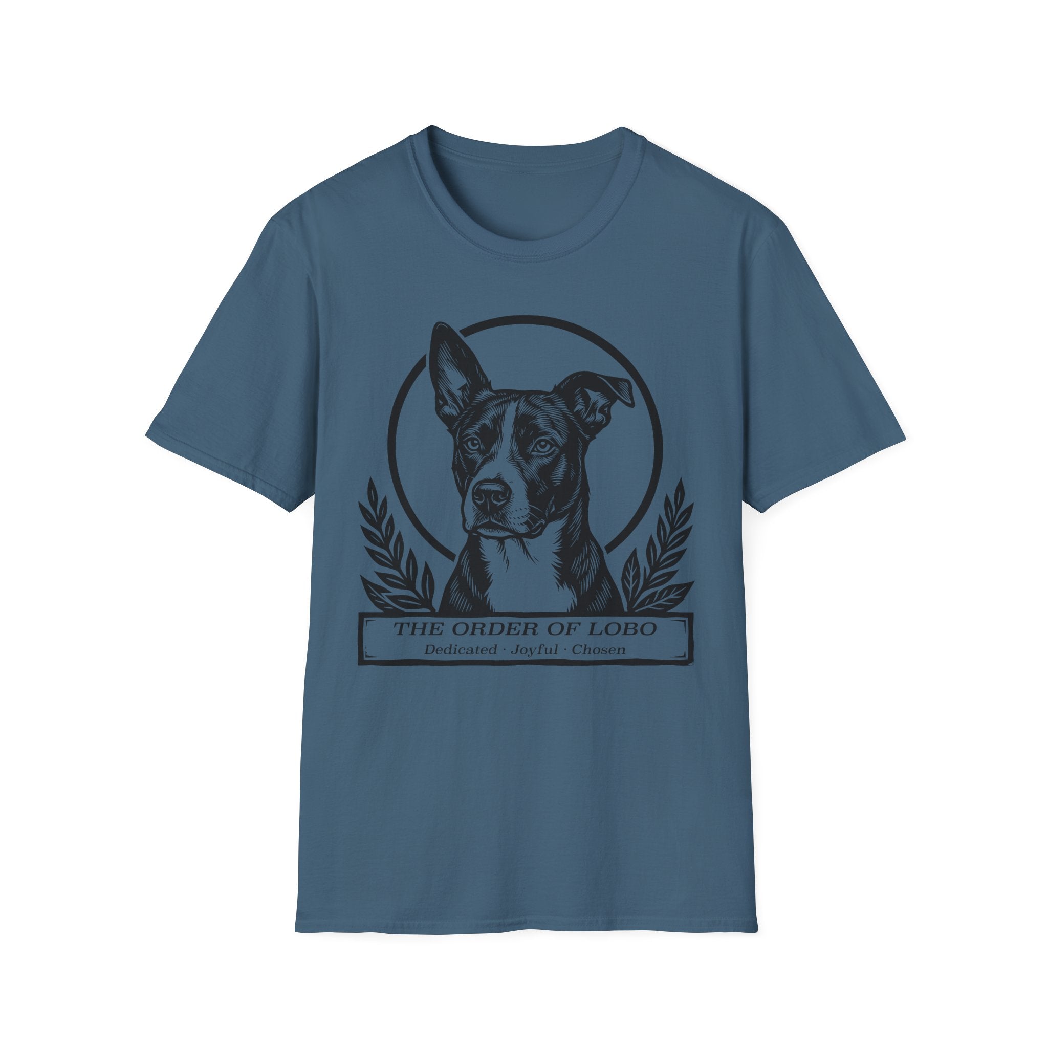 Holy Orders | Lobo T-Shirt flat lay on white shirt featuring a stained glass style illustration of Lobo, a black-coated dog with a white blaze and large upright ears, depicted as a holy figure with a golden halo and the text 'Holy Orders.'