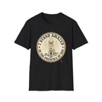 I Stand Amazed Golden Retriever T-Shirt flat lay in black, featuring a circular vintage-style graphic of a golden retriever with a halo and the text "I Stand Amazed in the Presence of Dog" with Dogma House branding.