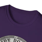 Saint Noodles Guide Us T-Shirt close-up detail on purple shirt showing the circular border and top portion of the basset hound Saint Noodles medallion graphic.