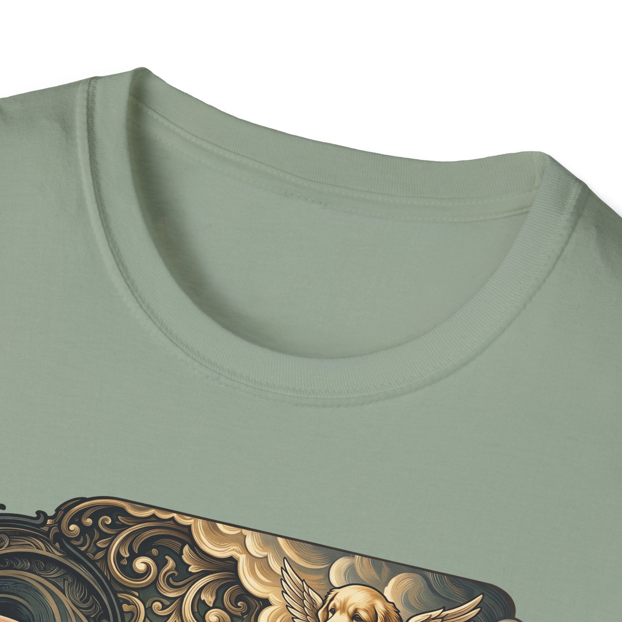 Creation of Adam T-Shirt close-up detail on sage green shirt showing the angel golden retriever with wings and cherub in the baroque cloud design of the Creation of Adam parody graphic.