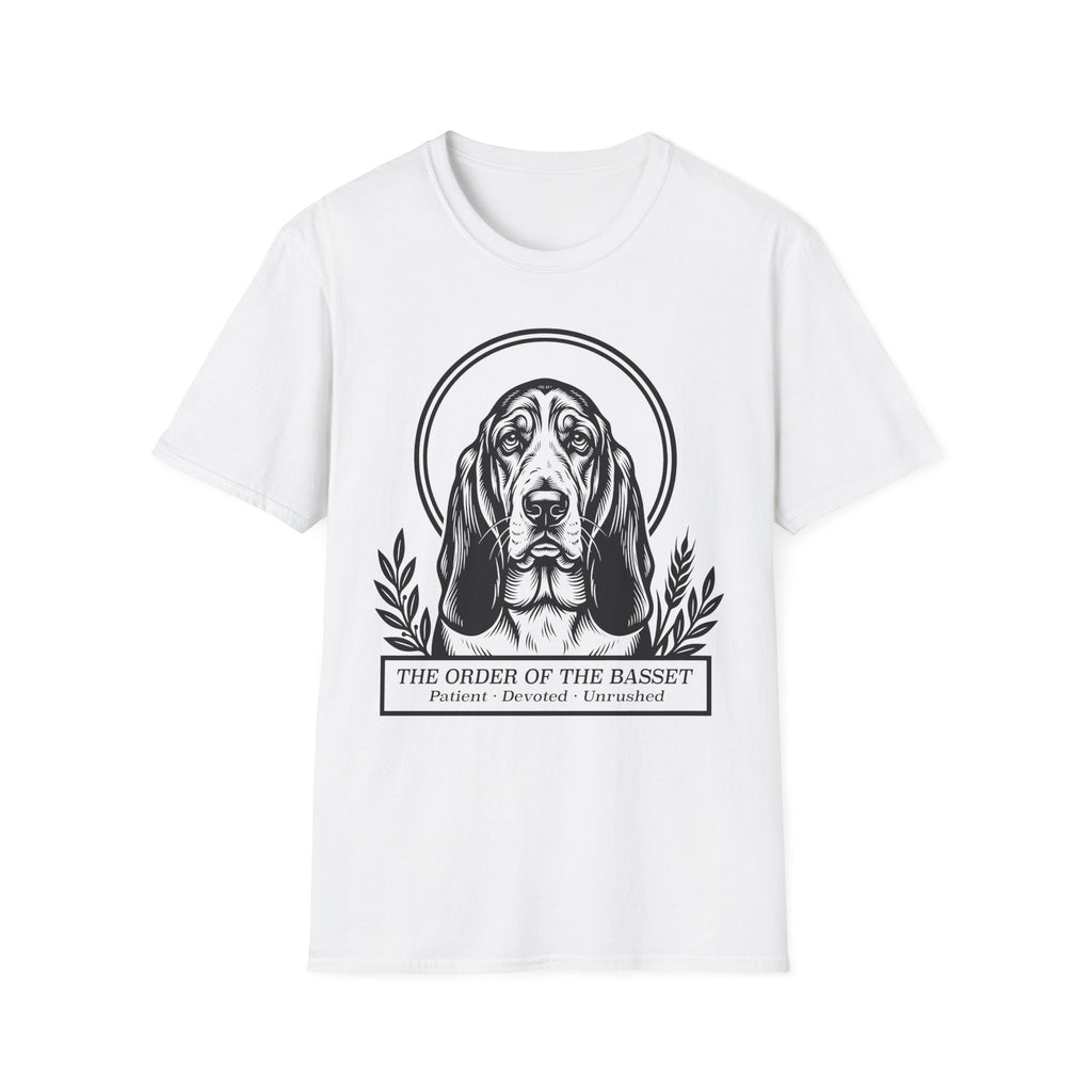 Holy Orders | Basset Hound T-Shirt detail view featuring a stained glass style illustration of a Basset Hound depicted as a holy figure with a golden halo and the text 'Holy Orders.'