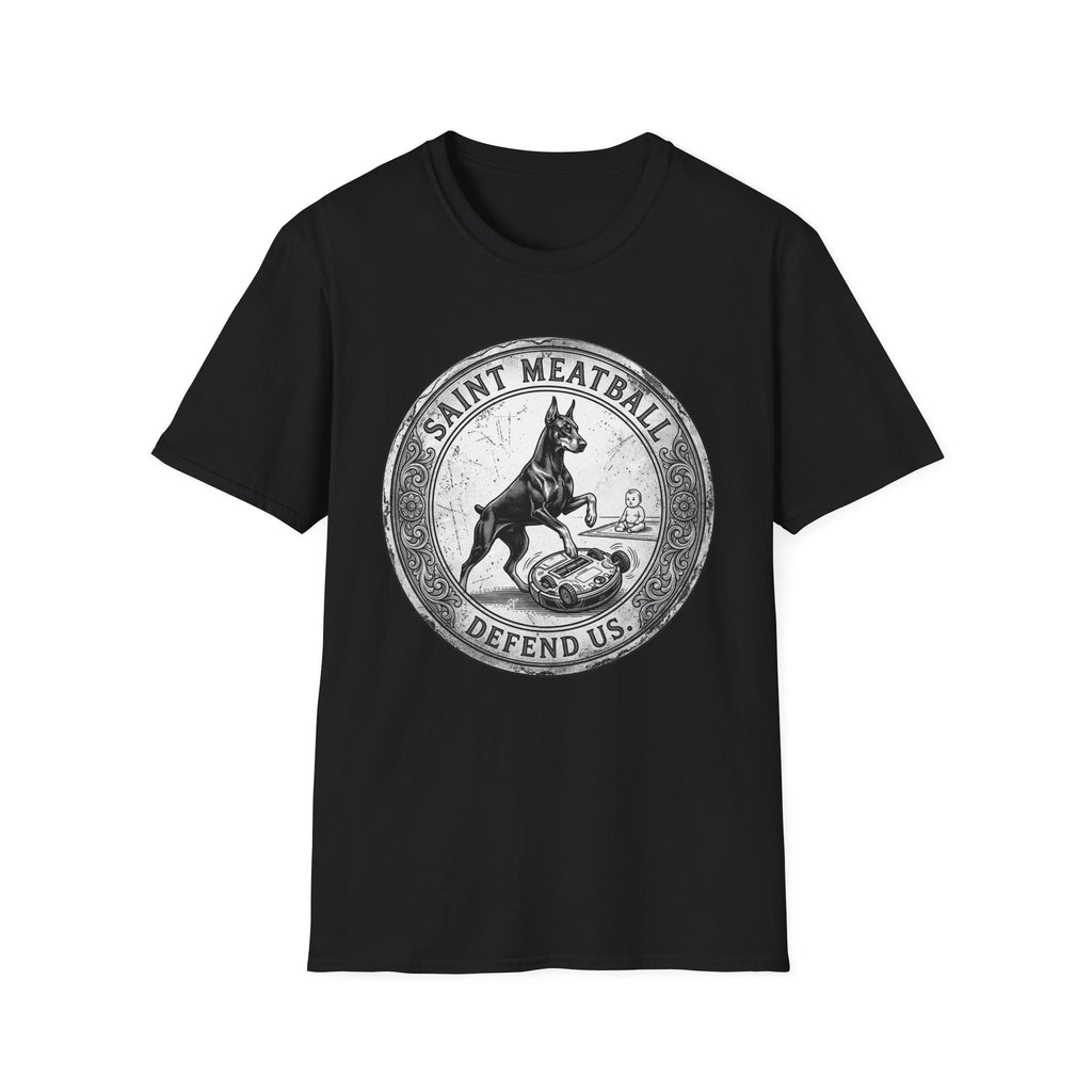 Saint Meatball Defend Us T-Shirt flat lay on black shirt featuring a vintage medallion design with a Doberman Pinscher saint and the text Saint Meatball Defend Us.