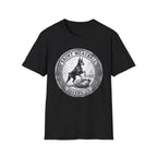 Saint Meatball Defend Us T-Shirt flat lay on black shirt featuring a vintage medallion design with a Doberman Pinscher saint and the text Saint Meatball Defend Us.