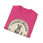 I Stand Amazed Rescue Mutt T-Shirt in hot pink, folded view showing the front graphic of the rescue mutt design with halo and 'I Stand Amazed' text.