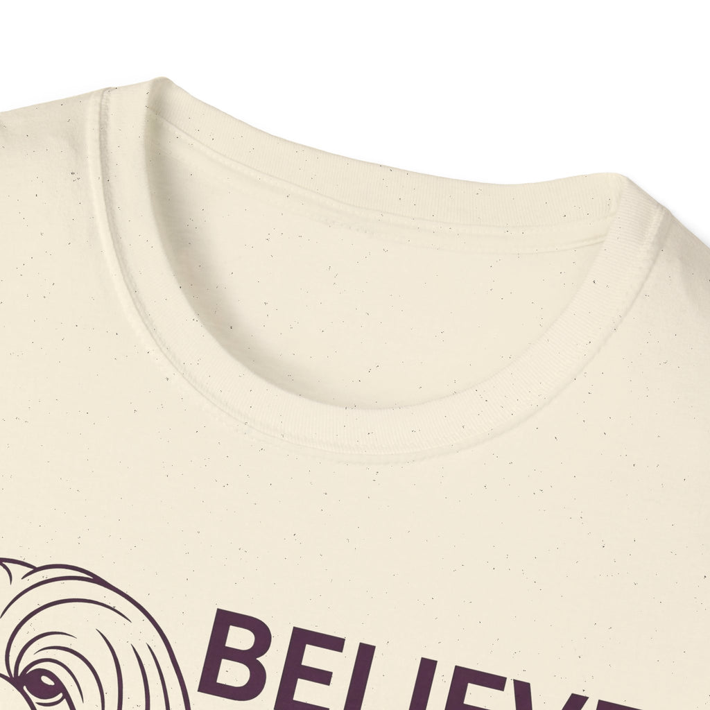 Believe in the Power of Dog Shih Tzu Line Art T-Shirt in natural cream, close-up detail of the neckline and upper chest showing the top of the Shih Tzu line art and Believe text.