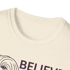 Believe in the Power of Dog Shih Tzu Line Art T-Shirt in natural cream, close-up detail of the neckline and upper chest showing the top of the Shih Tzu line art and Believe text.