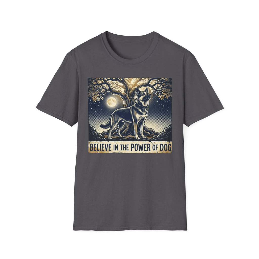 Believe in the Power of Dog German Shepherd T-shirt flat lay in charcoal grey, featuring a vintage-style illustration of a German Shepherd standing under a moonlit tree with the text "Believe in the Power of Dog."