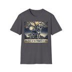 Believe in the Power of Dog German Shepherd T-shirt flat lay in charcoal grey, featuring a vintage-style illustration of a German Shepherd standing under a moonlit tree with the text "Believe in the Power of Dog."