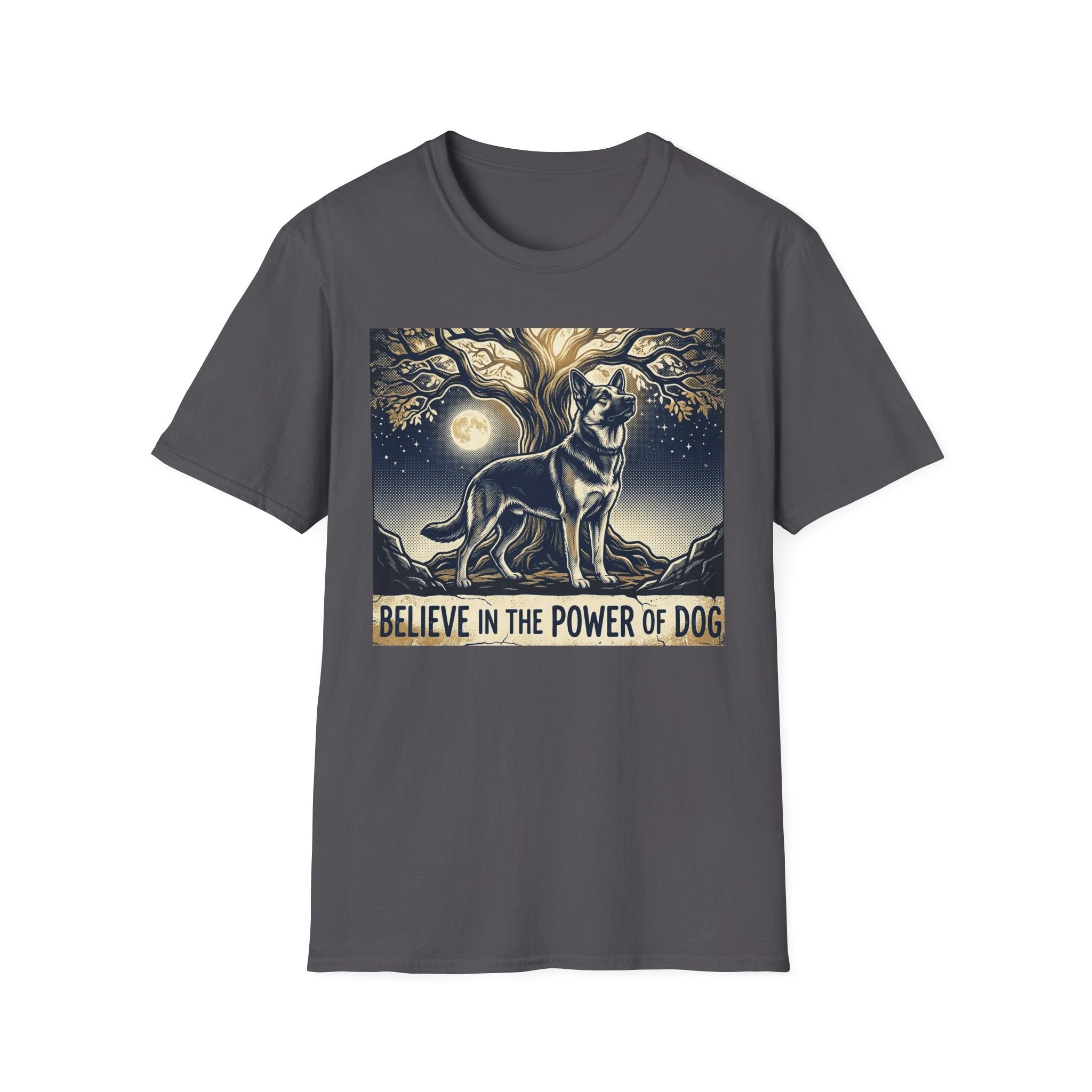 Believe in the Power of Dog German Shepherd T-shirt flat lay in charcoal grey, featuring a vintage-style illustration of a German Shepherd standing under a moonlit tree with the text "Believe in the Power of Dog."