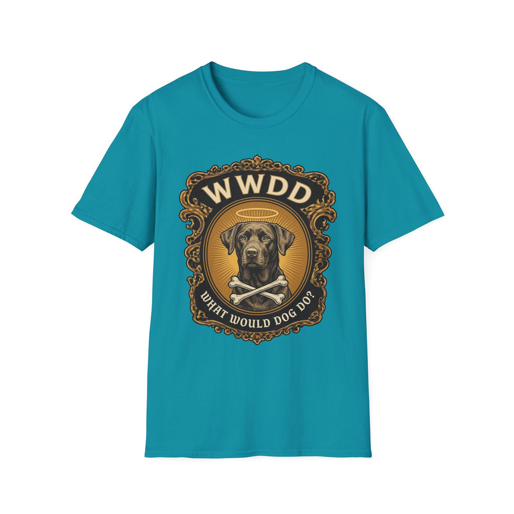 What Would Dog Do Chocolate Lab T-Shirt flat lay on teal, featuring an ornate gold WWDD badge with a halo-wearing chocolate Labrador and crossbones and the text 'What Would Dog Do?'