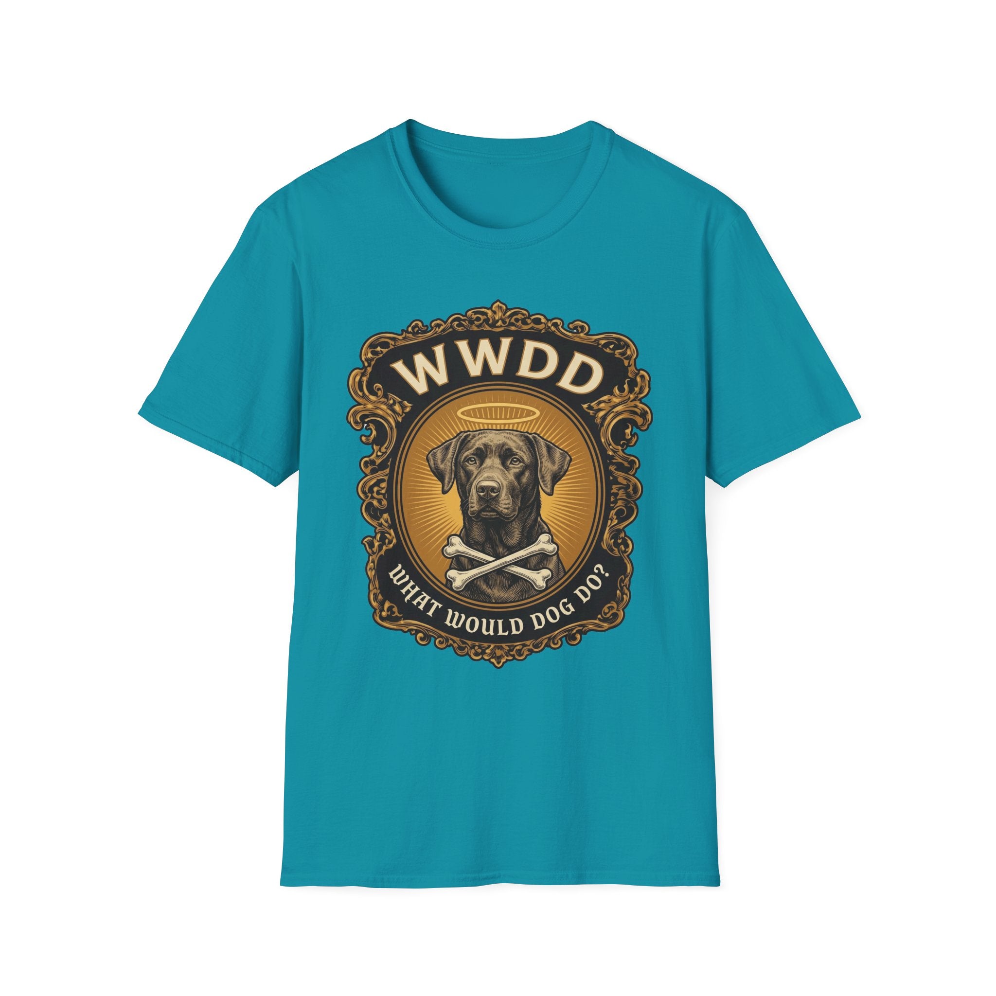 What Would Dog Do Chocolate Lab T-Shirt flat lay on teal, featuring an ornate gold WWDD badge with a halo-wearing chocolate Labrador and crossbones and the text 'What Would Dog Do?'