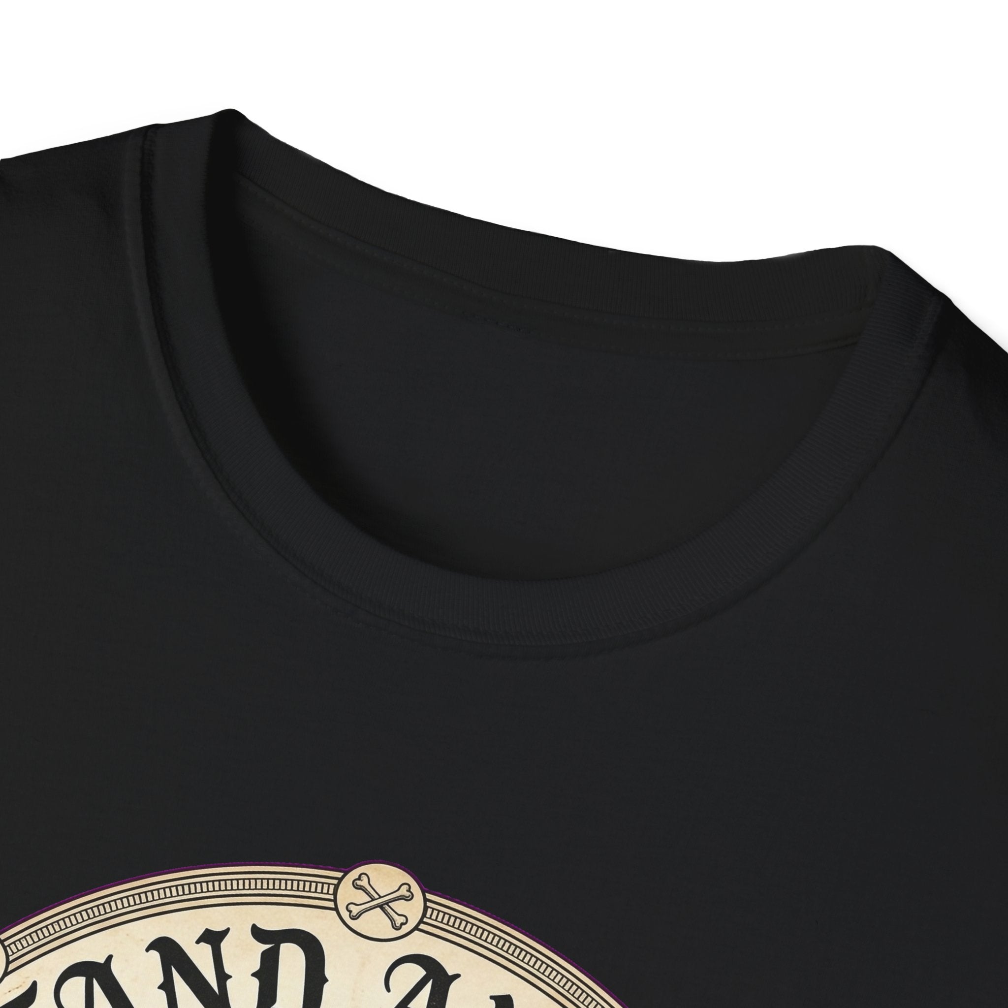 I Stand Amazed Pitbull T-Shirt in black, close-up of the neckline and upper graphic detail showing the circular pitbull design with crossed-bone medallion and vintage lettering.