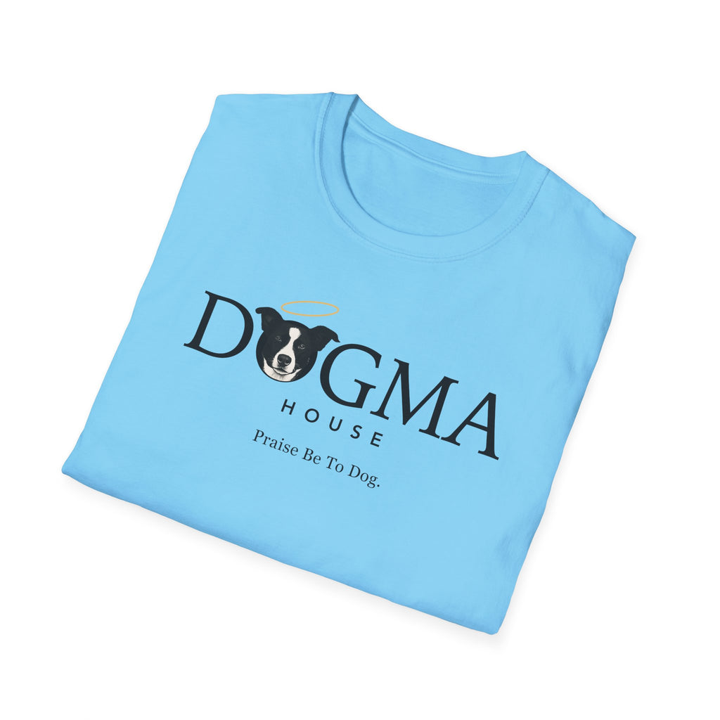 Dogma House Logo Light T-Shirt folded view in sky blue, showing the Dogma House brand name with border collie face logo and "Praise Be To Dog." tagline.