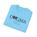 Dogma House Logo Light T-Shirt folded view in sky blue, showing the Dogma House brand name with border collie face logo and "Praise Be To Dog." tagline.
