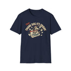 Thank Dog It's Friday T-Shirt flat lay on navy blue shirt featuring a retro cartoon dog leaping through a Friday calendar with TDIF: Thank Dog It's Friday graphic.