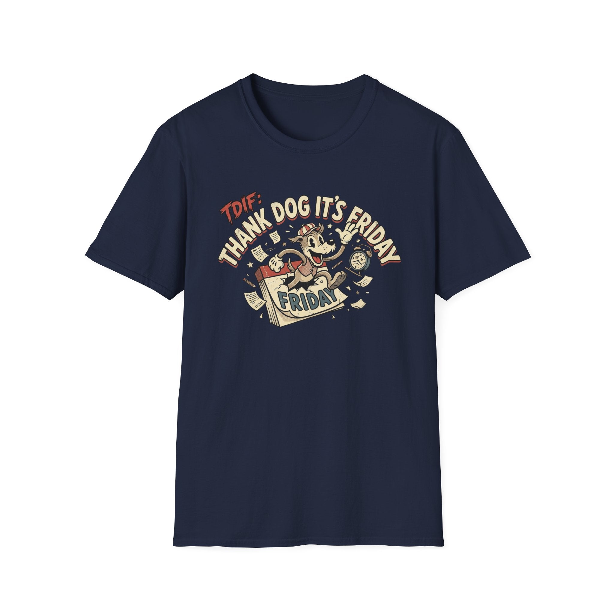 Thank Dog It's Friday T-Shirt flat lay on navy blue shirt featuring a retro cartoon dog leaping through a Friday calendar with TDIF: Thank Dog It's Friday graphic.