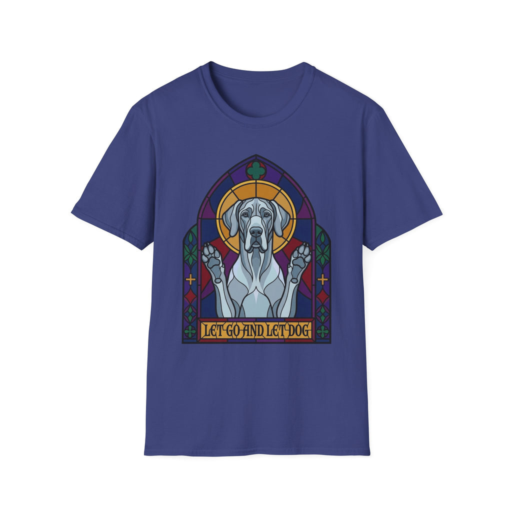 Let Go Let Dog Great Dane T-Shirt, flat lay on royal blue tee featuring a stained-glass style Great Dane depicted as a spiritual figure with paws raised in a Gothic arch and the text Let Go and Let Dog.