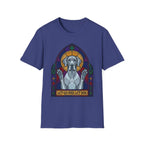 Let Go Let Dog Great Dane T-Shirt, flat lay on royal blue tee featuring a stained-glass style Great Dane depicted as a spiritual figure with paws raised in a Gothic arch and the text Let Go and Let Dog.