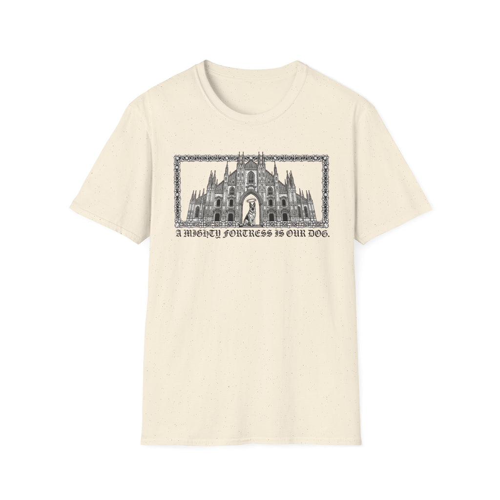 A Mighty Fortress is Our Dog T-Shirt flat lay in natural/cream featuring a detailed gothic cathedral illustration with a dog standing in the doorway, framed in an ornate border with text below.