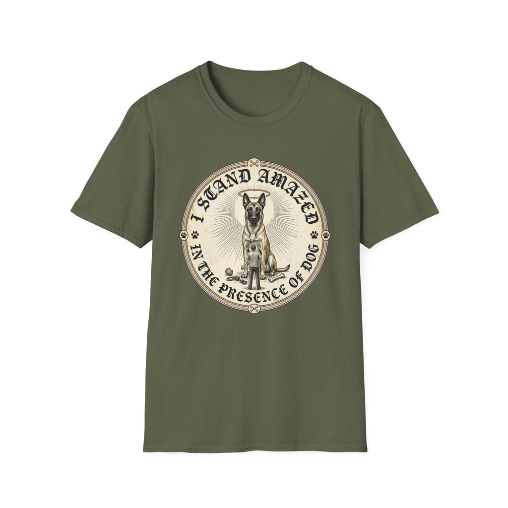 I Stand Amazed Belgian Malinois T-Shirt in military green, flat lay front view featuring a vintage-style circular graphic of a Belgian Malinois with a halo, with the text 'I Stand Amazed in the Presence of Dog.'