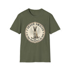 I Stand Amazed Belgian Malinois T-Shirt in military green, flat lay front view featuring a vintage-style circular graphic of a Belgian Malinois with a halo, with the text 'I Stand Amazed in the Presence of Dog.'