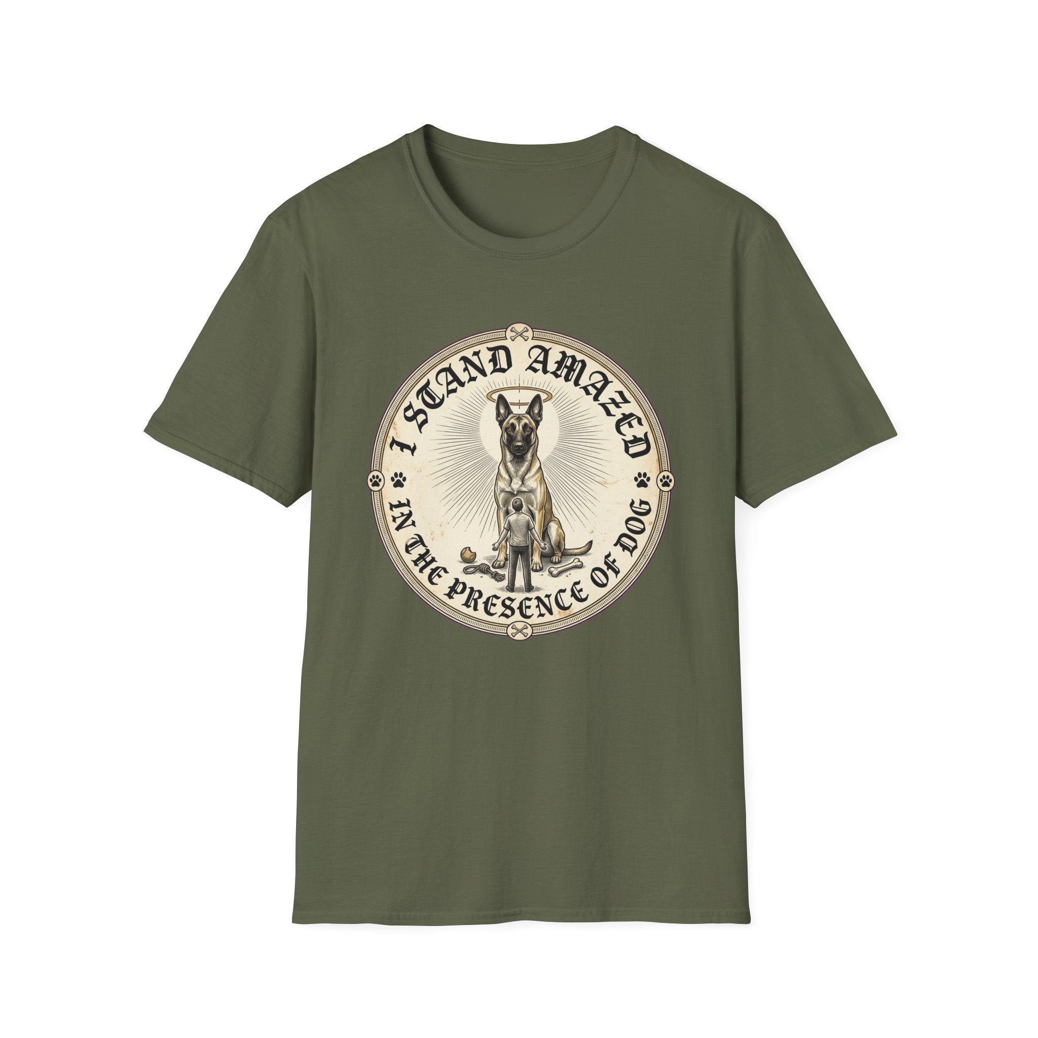 I Stand Amazed Belgian Malinois T-Shirt in military green, flat lay front view featuring a vintage-style circular graphic of a Belgian Malinois with a halo, with the text 'I Stand Amazed in the Presence of Dog.'