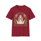 Let Go Let Dog Basset Hound T-Shirt in cardinal red, flat lay, featuring an Art Nouveau-style oval frame with floral motifs and a serene basset hound raising both paws with the text 'Let Go and Let Dog'.