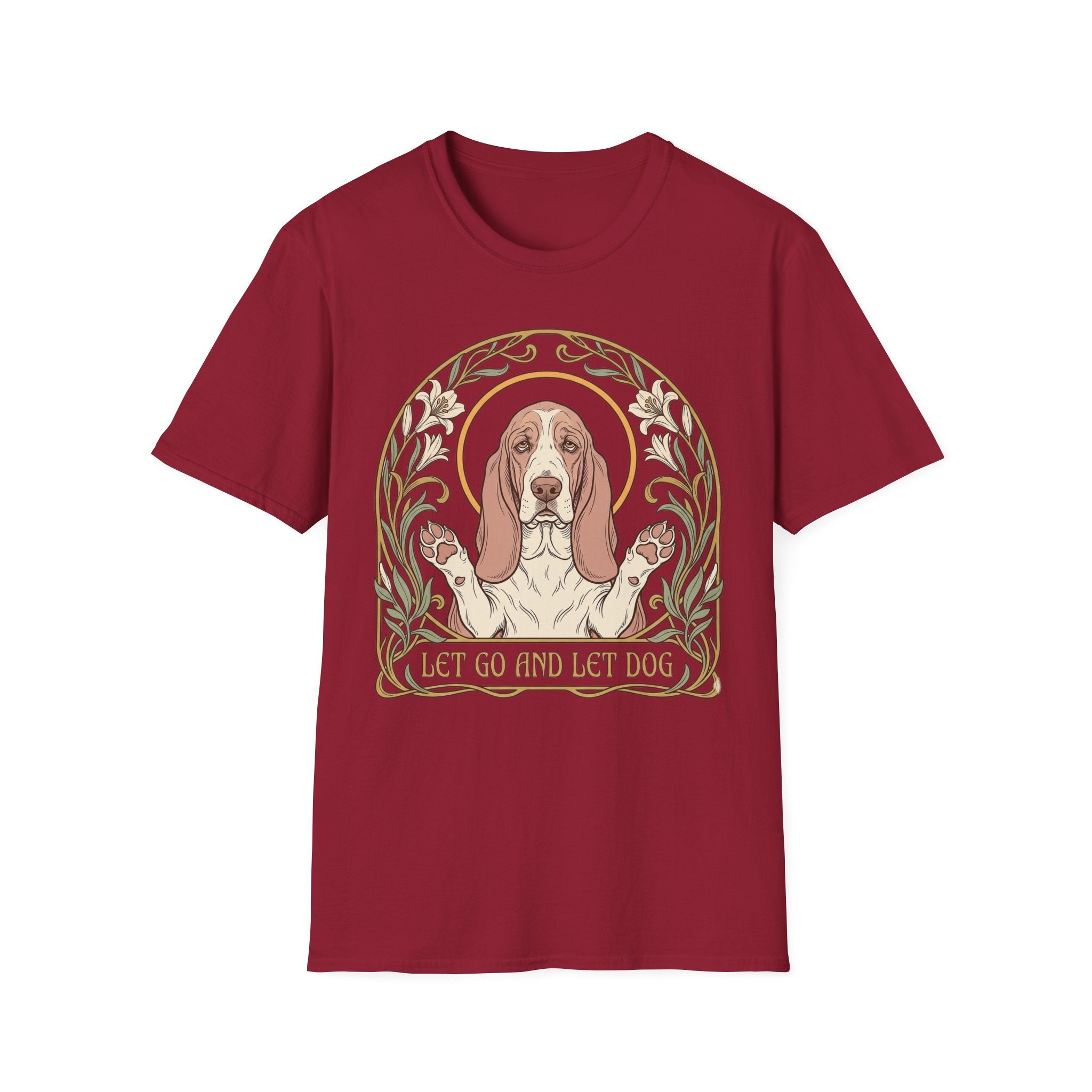 Let Go Let Dog Basset Hound T-Shirt in cardinal red, flat lay, featuring an Art Nouveau-style oval frame with floral motifs and a serene basset hound raising both paws with the text 'Let Go and Let Dog'.