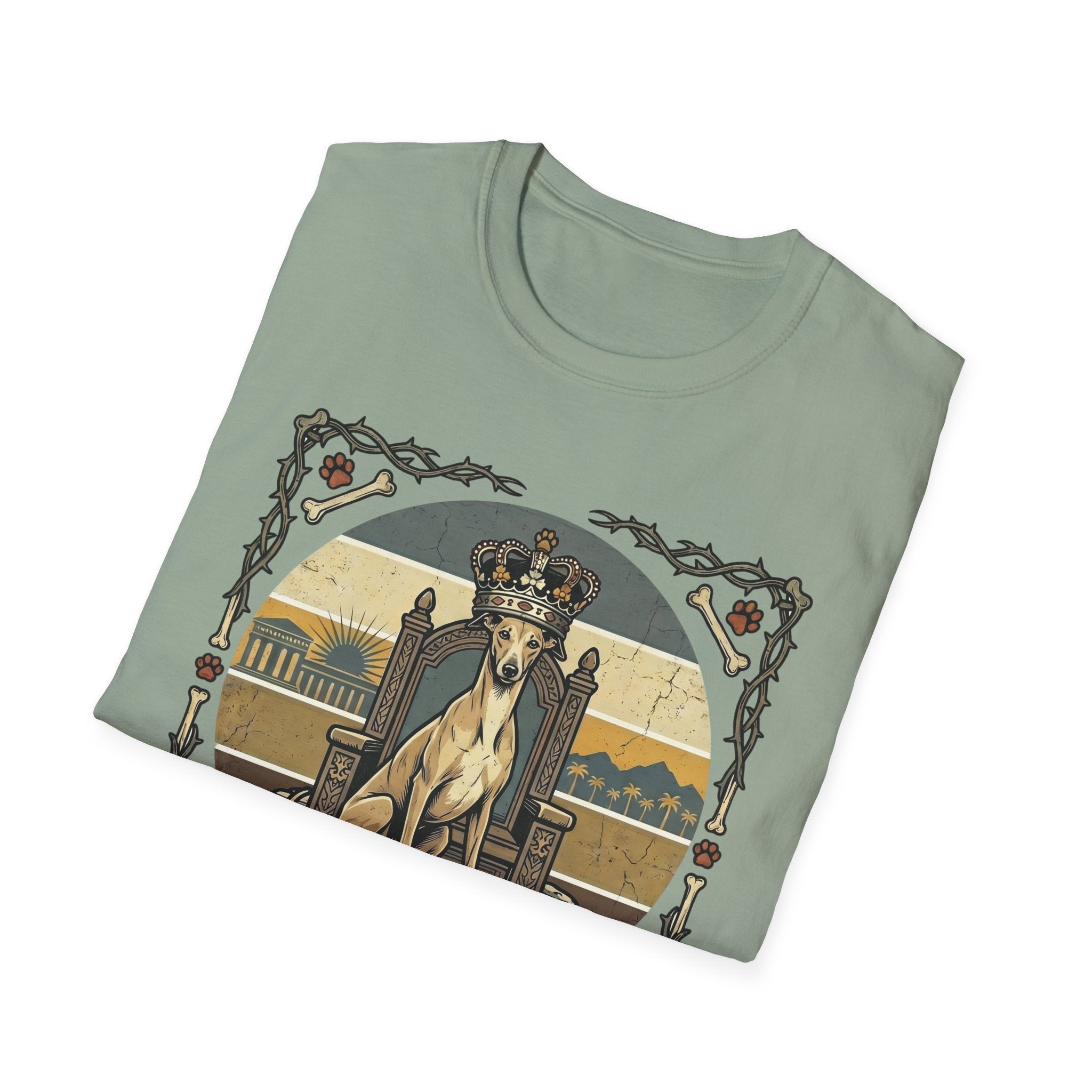 For the Love of Dog Whippet T-Shirt folded view in navy blue showing the crowned whippet on throne graphic with thorn and bone border.