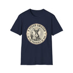 I Stand Amazed Chihuahua T-Shirt in navy, flat lay front view featuring a vintage-style circular graphic of a Chihuahua with a halo seated above a small human figure bowing in reverence, with the text 'I Stand Amazed in the Presence of Dog.'