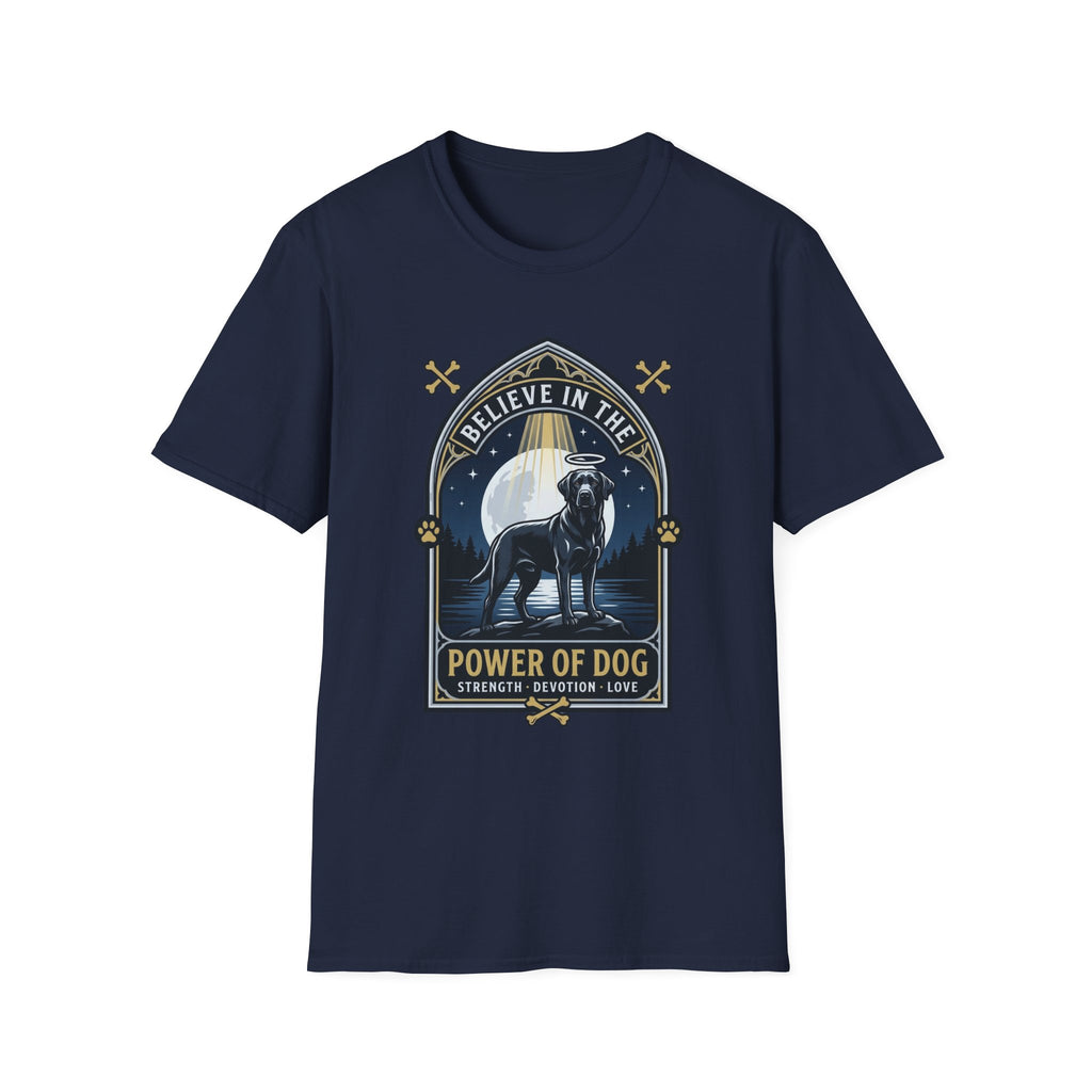 Believe in the Power of Dog Black Lab T-Shirt in navy, flat lay view showing a gothic arch-framed graphic of a halo-wearing black Labrador standing under a full moon with a starry night sky, paw prints, crossed bones, and the words 'Strength Devotion Love'.
