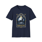 Believe in the Power of Dog Black Lab T-Shirt in navy, flat lay view showing a gothic arch-framed graphic of a halo-wearing black Labrador standing under a full moon with a starry night sky, paw prints, crossed bones, and the words 'Strength Devotion Love'.